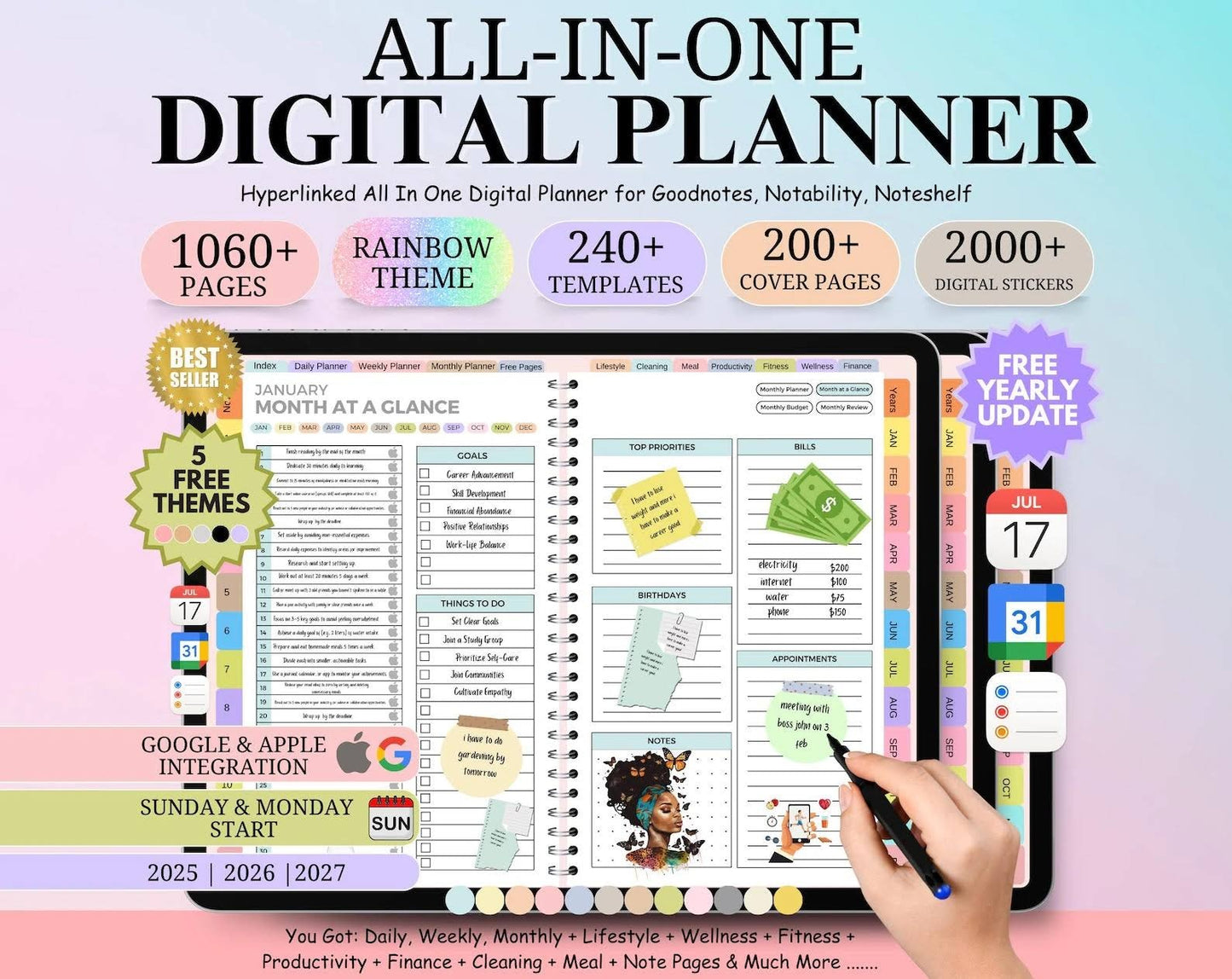 All-in-One Digital Planner 2025, 2026, 2027 – Goodnotes Planner, Apple Google Calendar + Bonus 50+ Templants planners