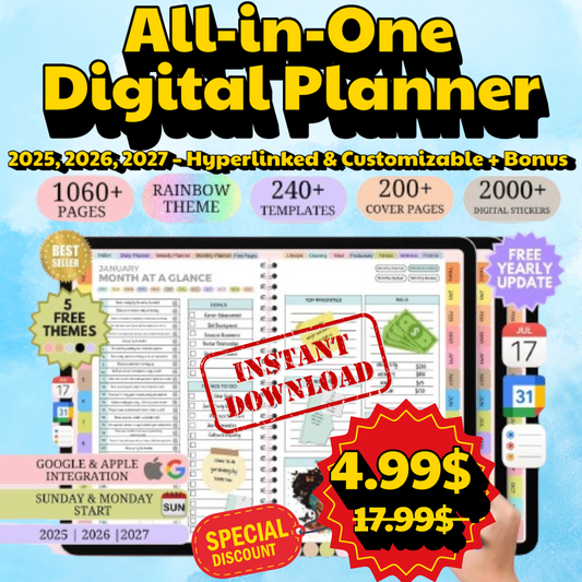 All-in-One Digital Planner 2025, 2026, 2027 – Goodnotes Planner, Apple Google Calendar + Bonus 50+ Templants planners